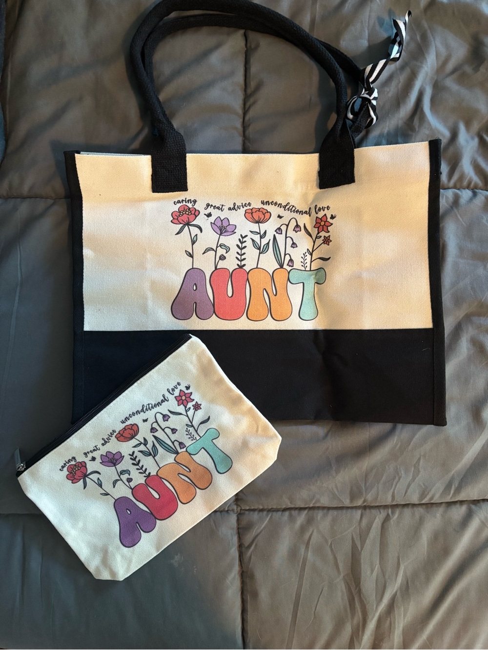 AUNT Floral Canvas Tote and Pouch Set - Black & Cream